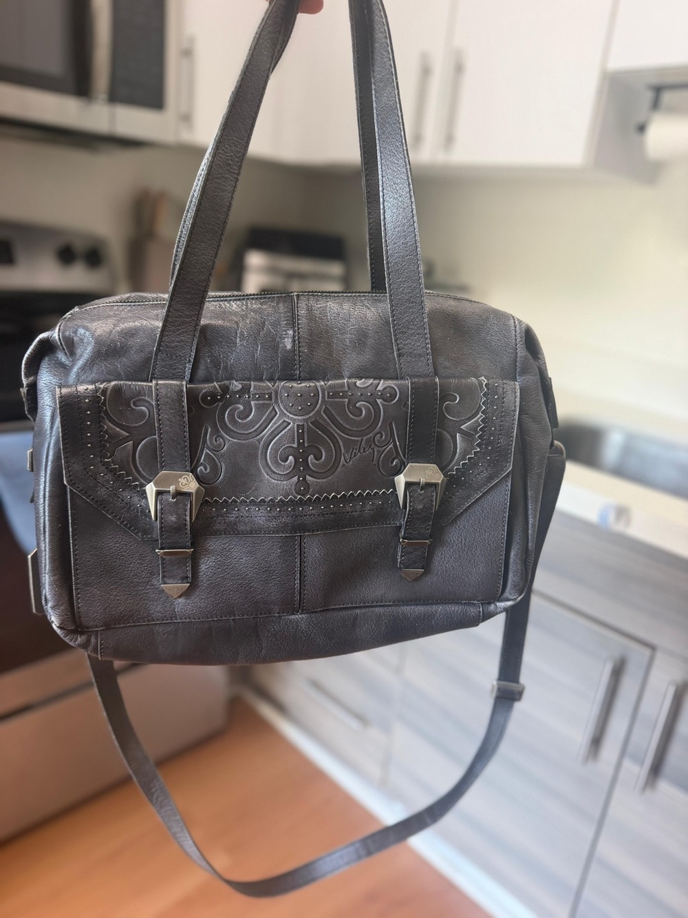 Women's Black Shoulder Bag with Embossed Front Detail